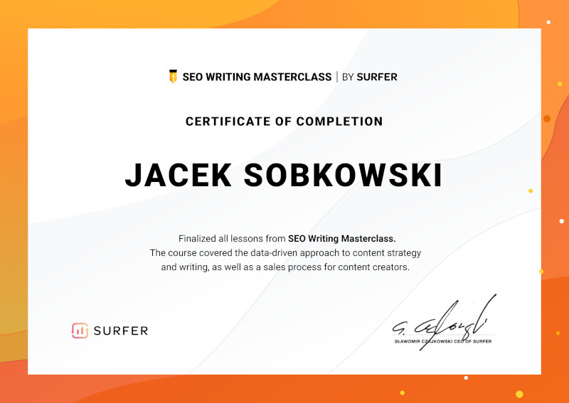 Surfer SEO -certyfikat Jacek Sobkowski